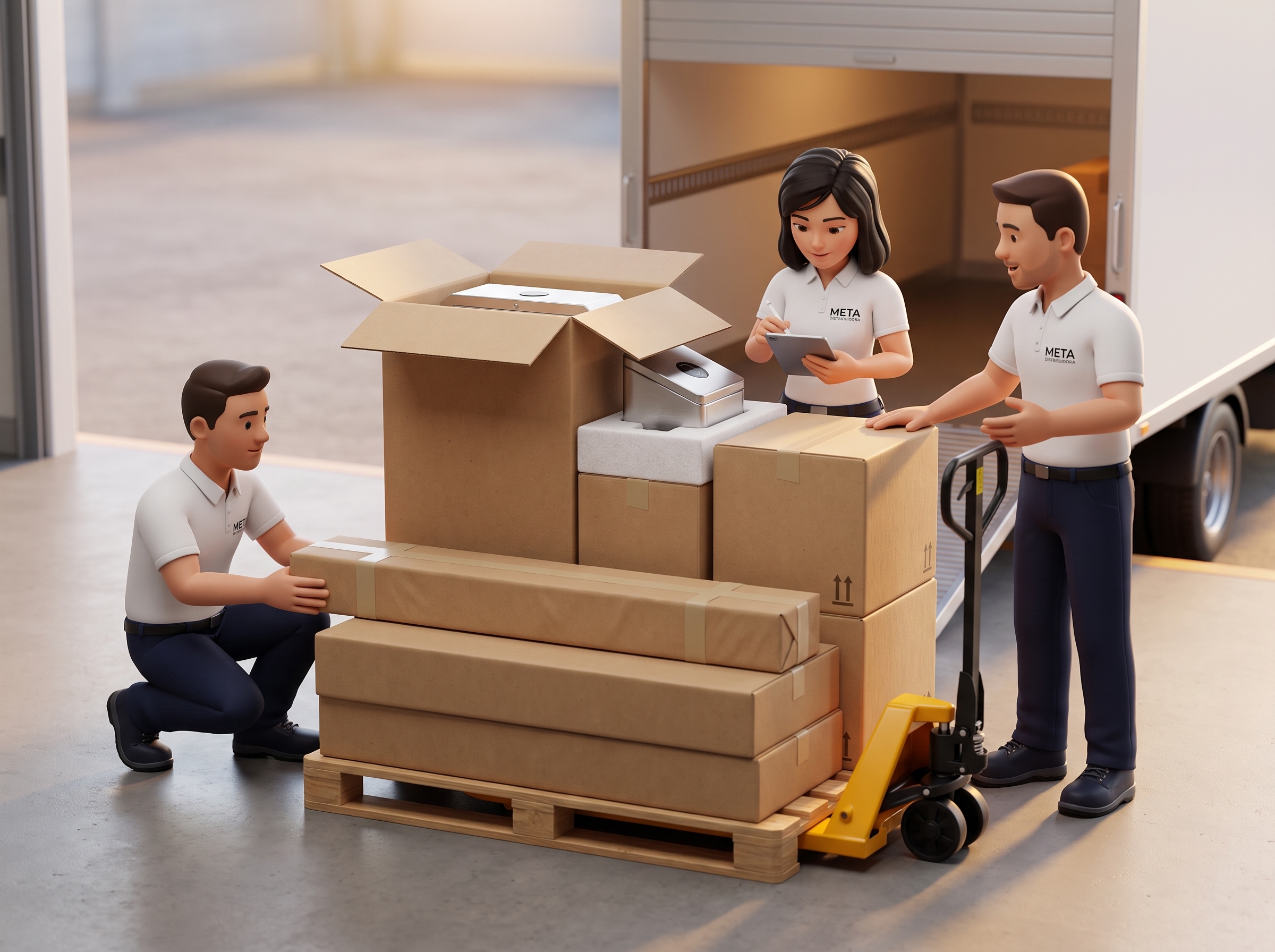 Equipe da Meta Distribuidora conferindo caixas de equipamento de controle de acesso sobre um pallet, ao lado do caminhão de expedição